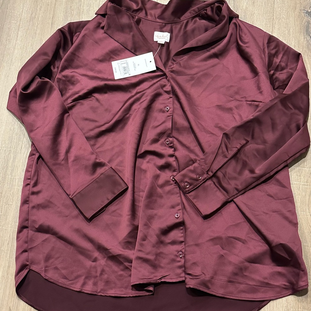 ISABEL MATERNITY Burgundy Satin Button-Up Blouse